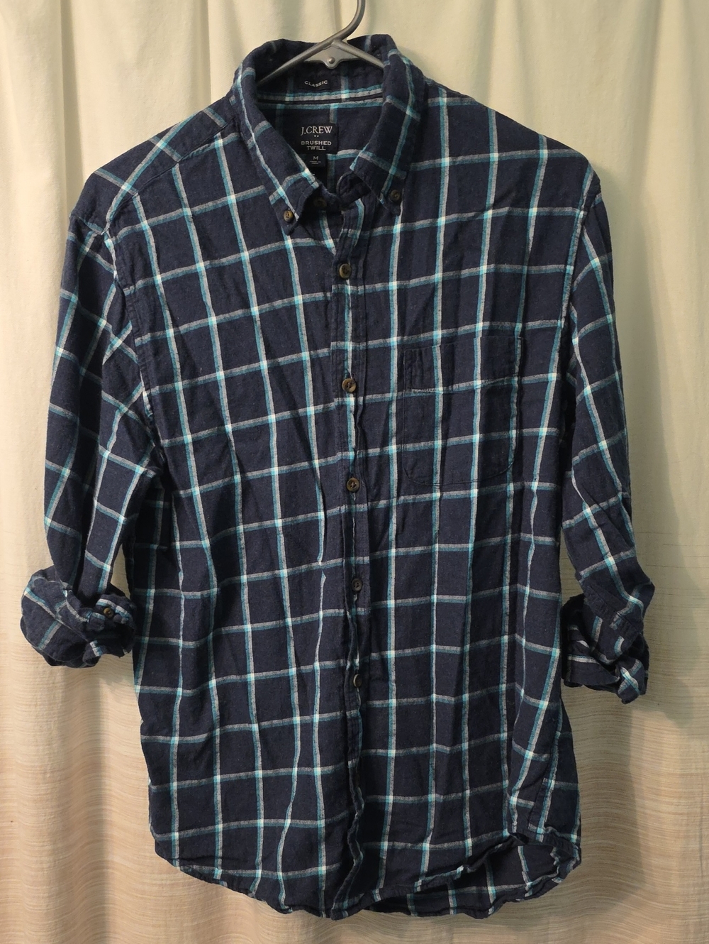J. Crew Factory Navy Button-Down Shirt with Light Blue Windowpane
